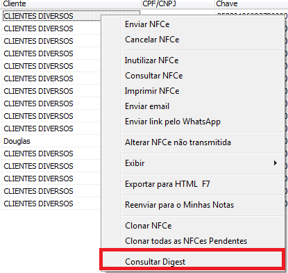 Opcao Consultar Digest na nota com erro Consultar Digest da nota