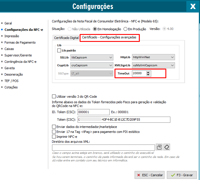 Ajuste do tempo de Timeout para 20000 nas configuracoes Ajuste do Timeout para 20000