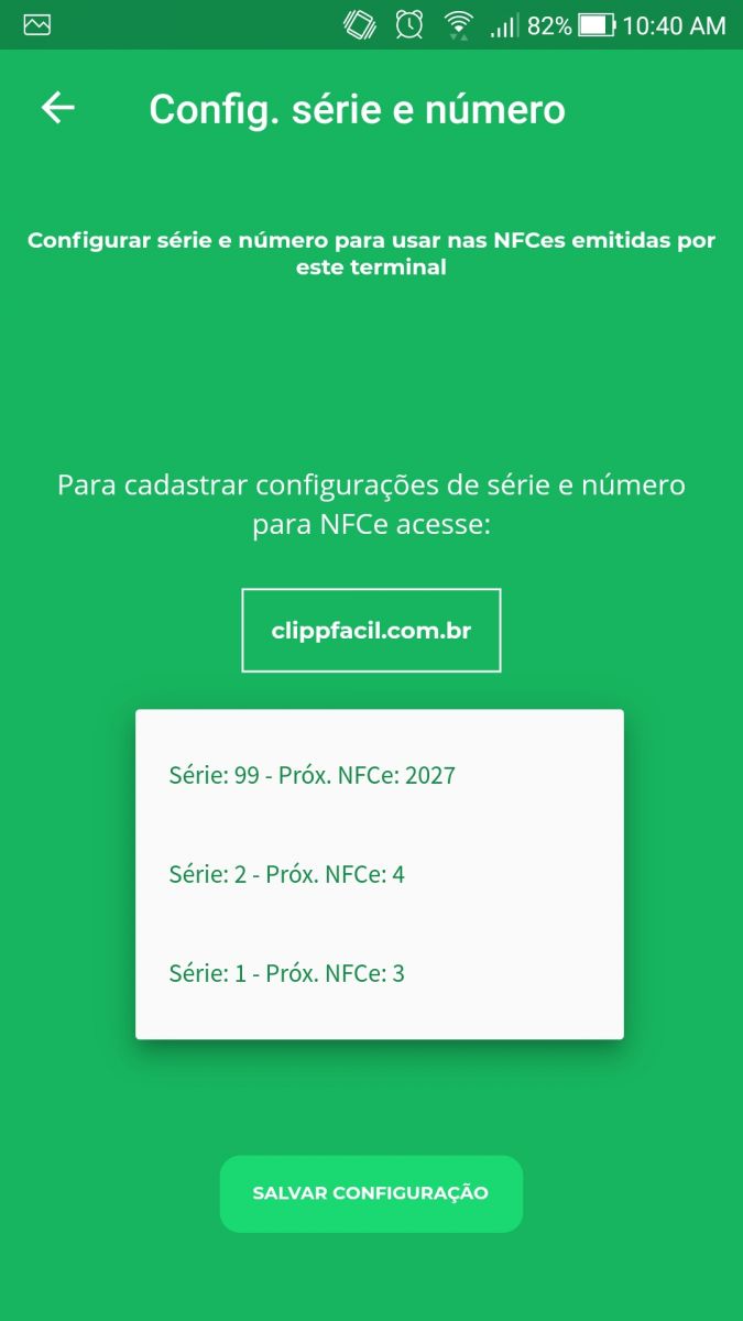 Seleção da série cadastrada na configuração do terminal Selecionar série do terminal