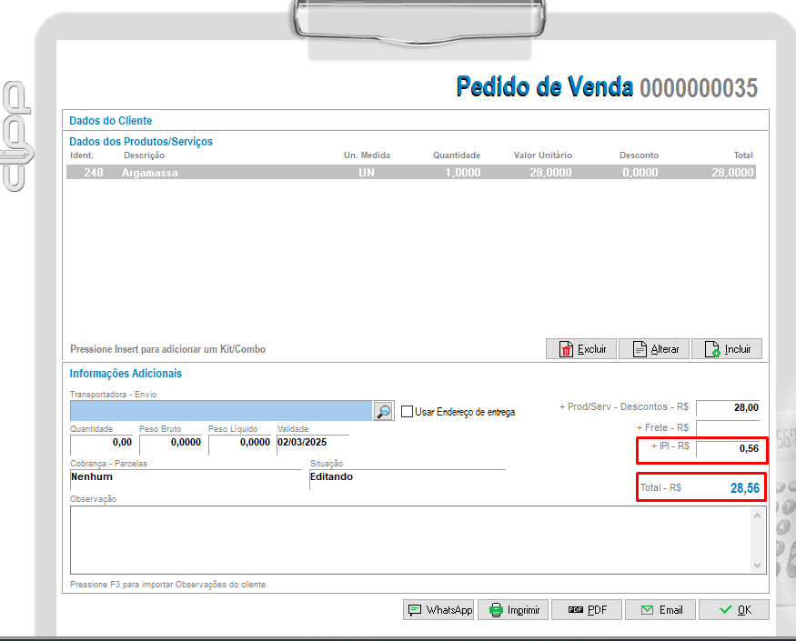 Valor de IPI calculado e somado ao total da DAV IPI calculado na DAV