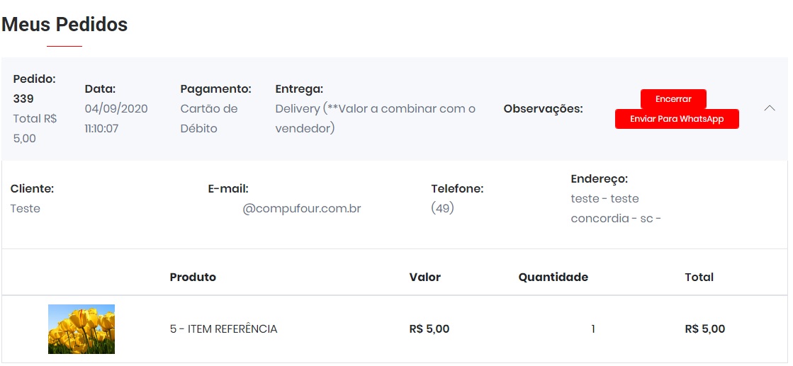 Aba Pedidos com os pedidos dos clientes Aba Pedidos
