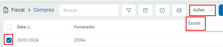 Opção Ação - Excluir para cancelar o lançamento Ação - Excluir