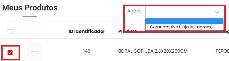 Opção Gerar Arquivo para a loja do Instagram Gerar arquivo da loja Instagram