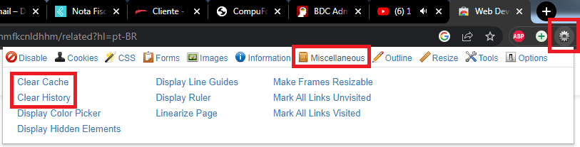 Opções Clear Cache e Clear History no WebDeveloper Limpar cache e histórico