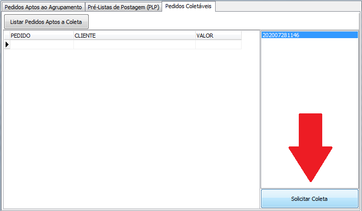 Botao Solicitar Coleta do pedido Botao Solicitar Coleta