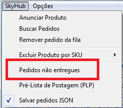 Acesso a SkyHub e Pedidos Nao Entregues Menu SkyHub Pedidos Nao Entregues