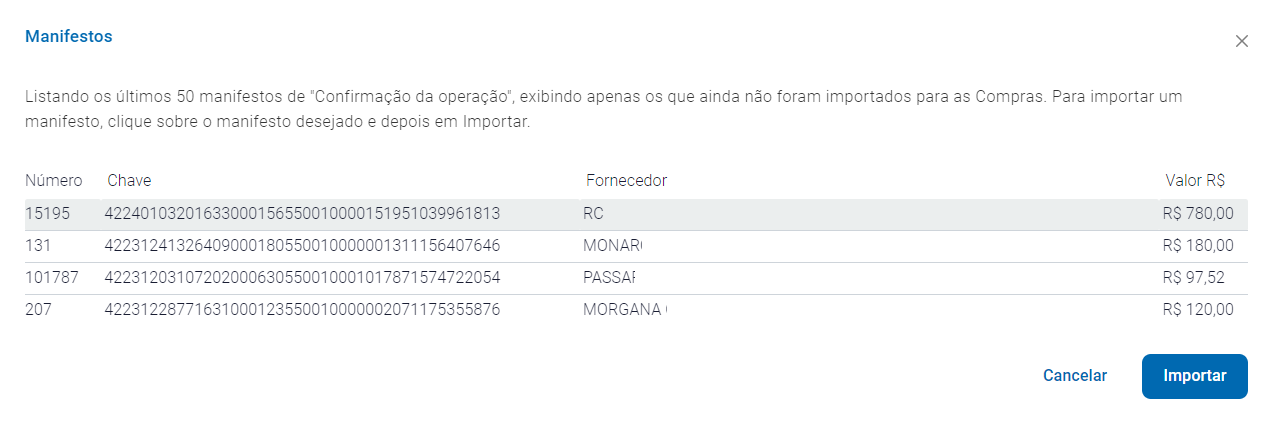 Lista de notas manifestadas para importação Lista de notas manifestadas