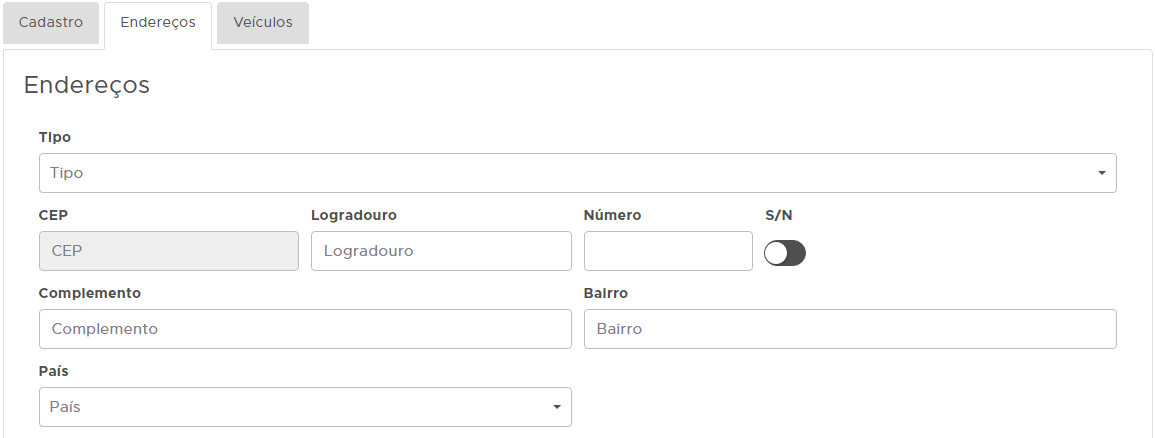 Aba Endereços do cadastro de fornecedor Aba Endereços