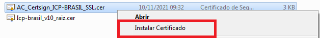 Opção Instalar Certificado com o botão direito na cadeia Instalar Certificado