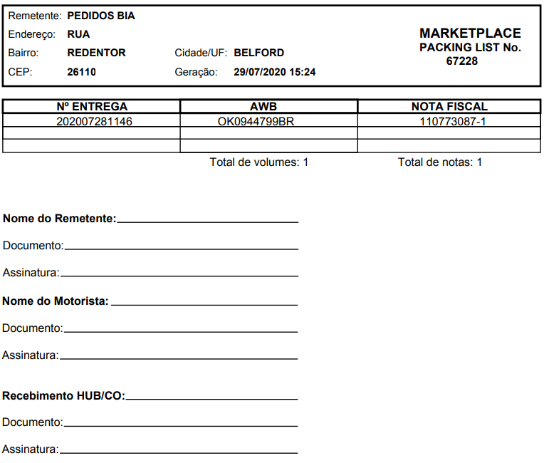 Exemplo de PLP gerado em PDF com duas vias PLP em PDF