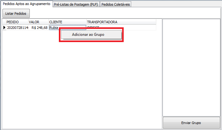 Opcao Adicionar ao Grupo de envio do pedido Adicionar ao Grupo