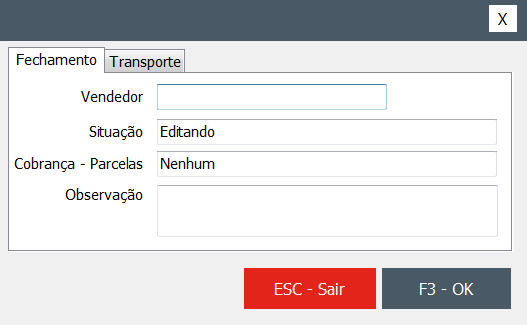 Escolha de vendedor, situação, parcelas e observações Tela de vendedor e parcelas