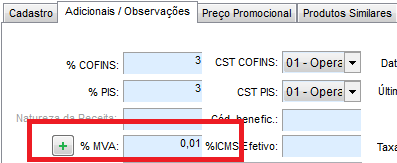 Informando o MVA na aba adicionais/observações MVA do produto