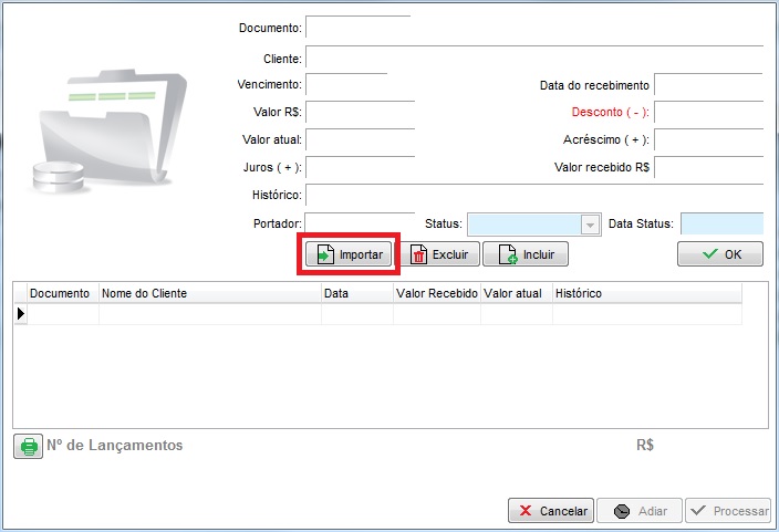 Botão Importar na tela de recebimento de contas Botão Importar