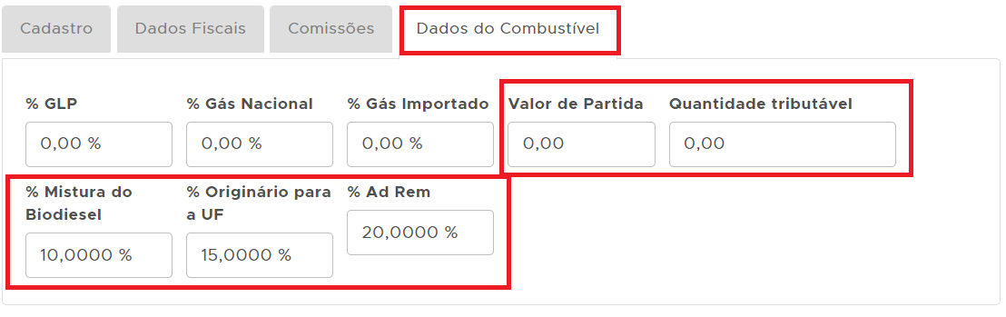 Aba Dados do combustível com os campos a preencher Aba Dados do combustível
