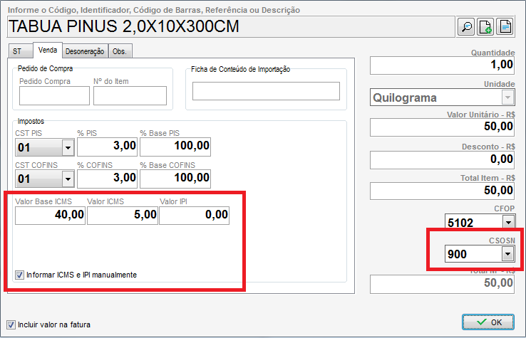 Informar ICMS e IPI manualmente com CSOSN 900 ICMS manual e CSOSN 900