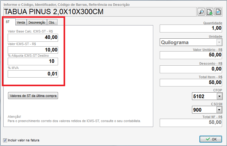 Aba ST com valores de substituição tributária Aba ST do item