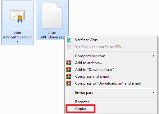 Copiar os arquivos de certificado e chave da API do Inter Copiar arquivos da API do Inter