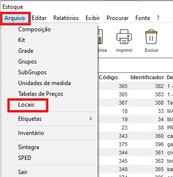 Menu Arquivo - Locais no módulo de estoque Menu Arquivo - Locais