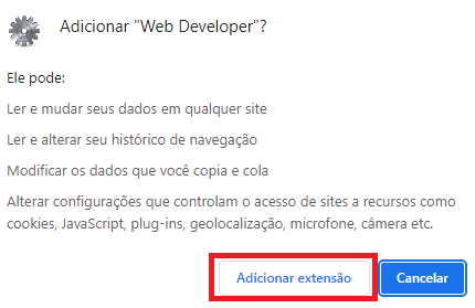 Botão Adicionar Extensão do WebDeveloper Adicionar extensão