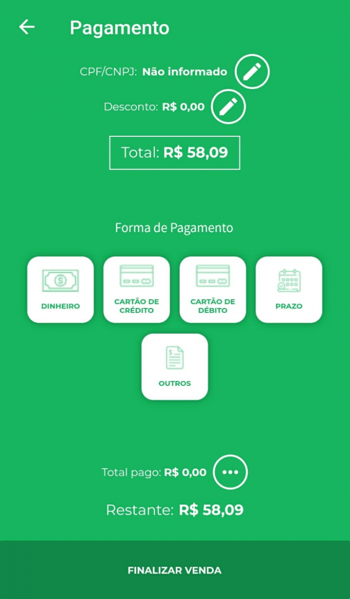Tela de Pagamento da NFC-e no aplicativo Tela de Pagamento