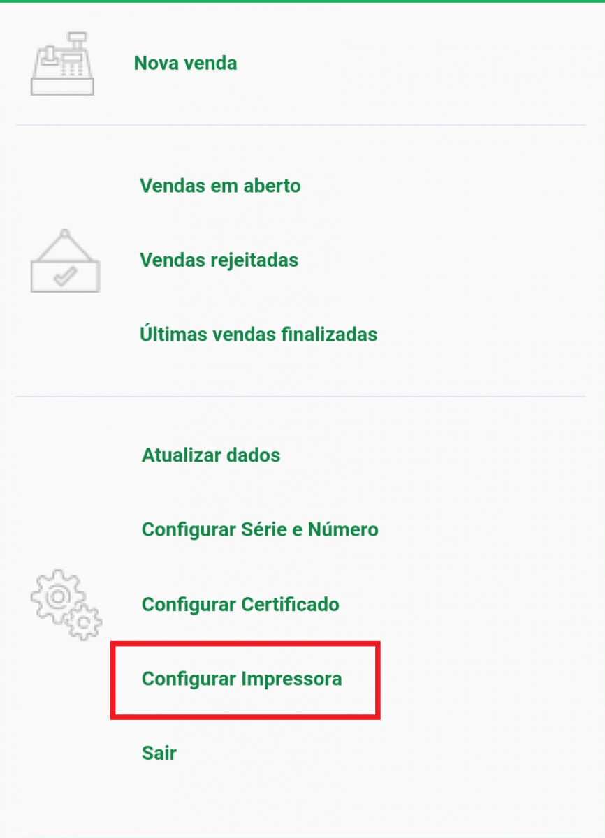 Opção Configurar Impressora no menu do aplicativo Configurar Impressora