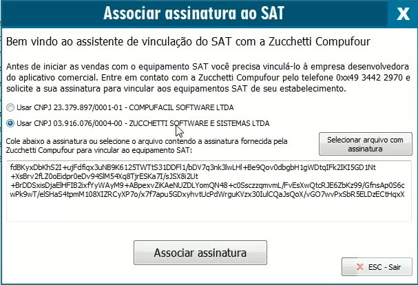 Marcação do CNPJ e colagem da assinatura no Configurar SAT CNPJ e assinatura