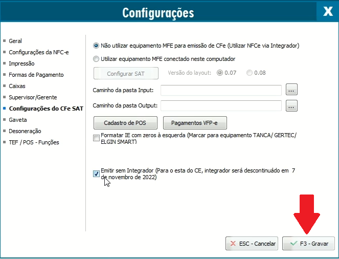 Gravação da configuração do MFe sem Integrador Gravar configuração
