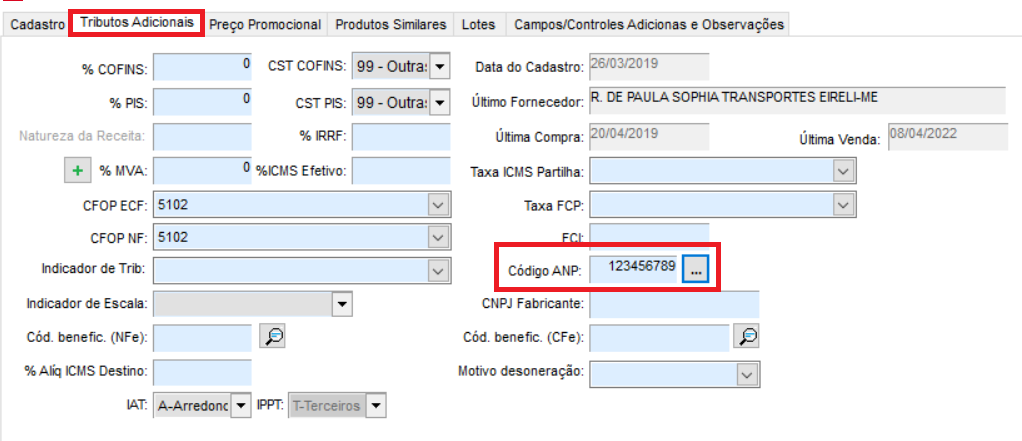 Campo Código ANP na aba Tributos Adicionais do produto Campo Código ANP no produto
