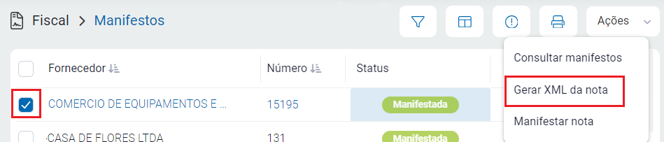 Opção Gerar XML da nota no menu Ação Gerar XML da nota