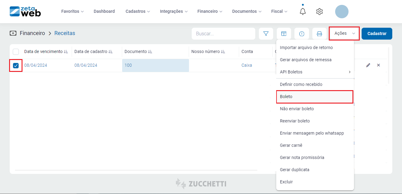 Opção Boleto no menu Ações Opção Boleto no menu Ações