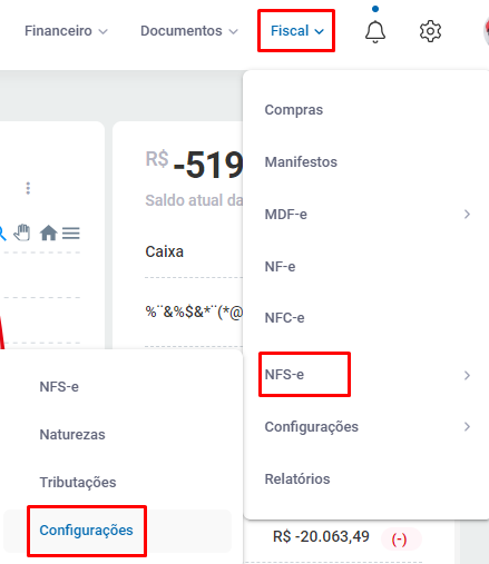 Menu Fiscal - NFS-e - Configurações no Zweb Menu NFS-e Configurações