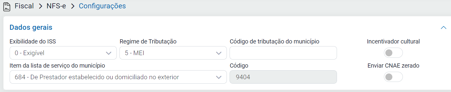 Aba Dados Gerais da configuração da NFS-e Aba Dados Gerais