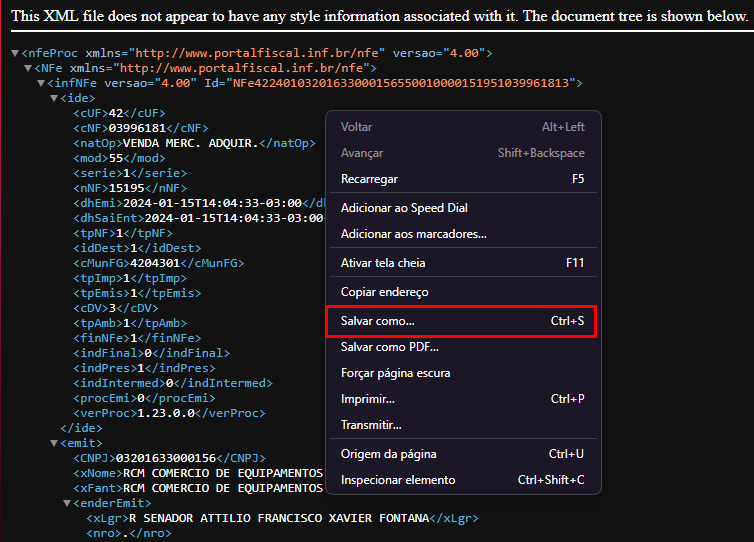 Salvando o XML gerado da nota manifestada Salvar XML da nota