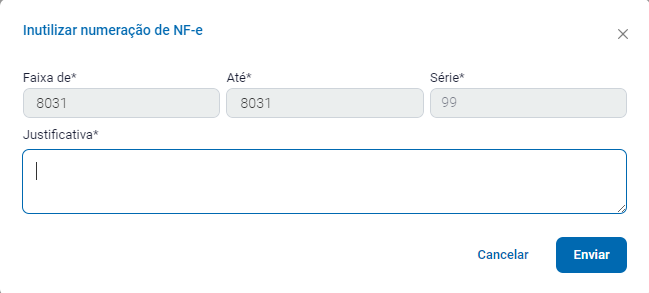 Tela de justificativa da inutilização da NF-e Justificativa da inutilização