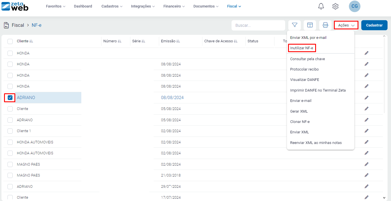 Opção Ações - Inutilizar NF-e no ZetaWeb Inutilizar NF-e
