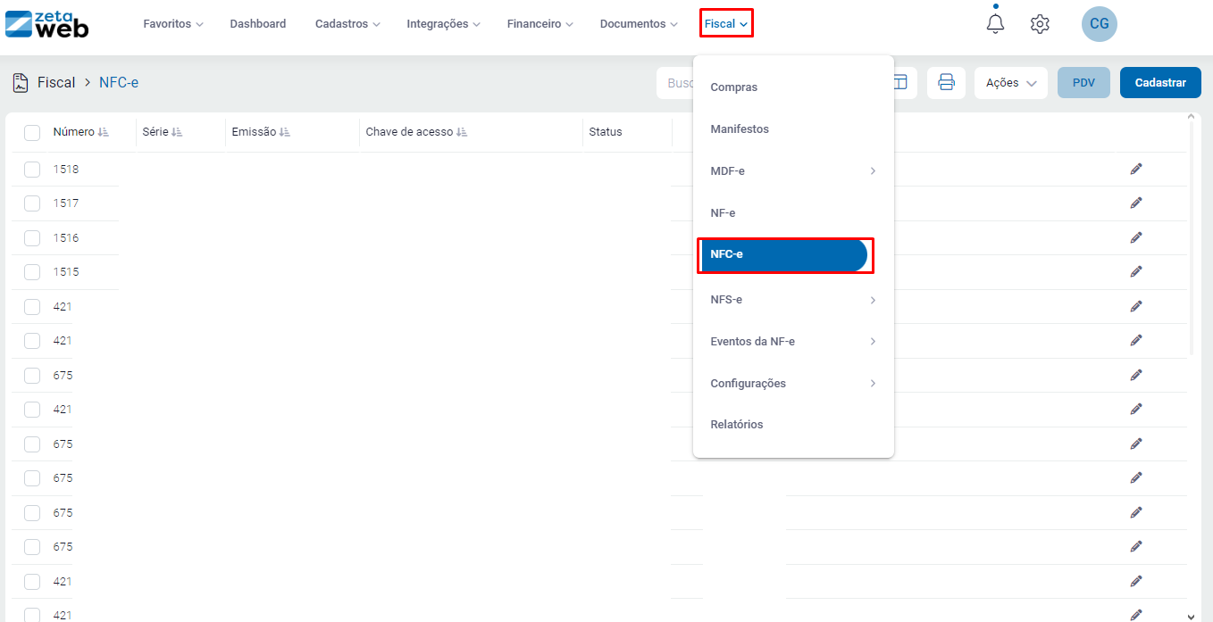 Acesso ao menu Fiscal - NFC-e no ZetaWeb Menu Fiscal - NFC-e