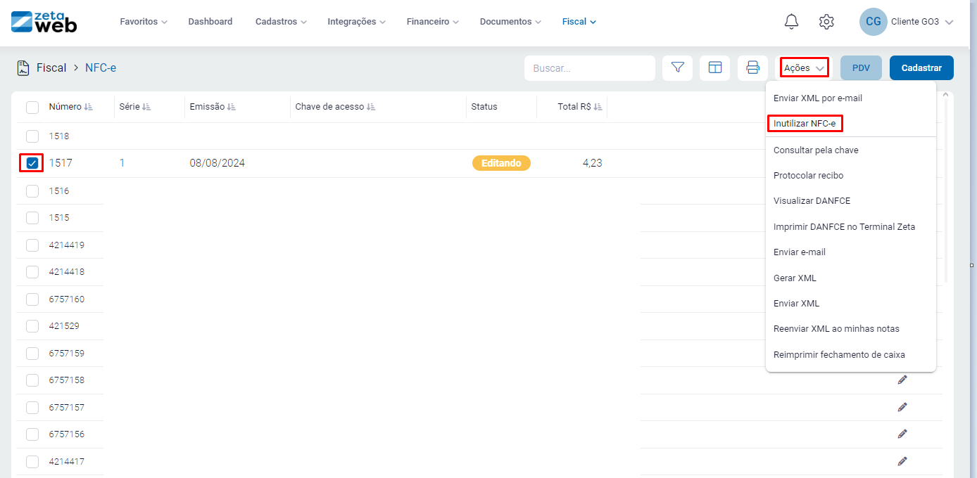 Opção Ações - Inutilizar NFC-e no ZetaWeb Ações - Inutilizar NFC-e