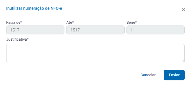 Preenchimento da justificativa de inutilização da NFC-e Justificativa de inutilização