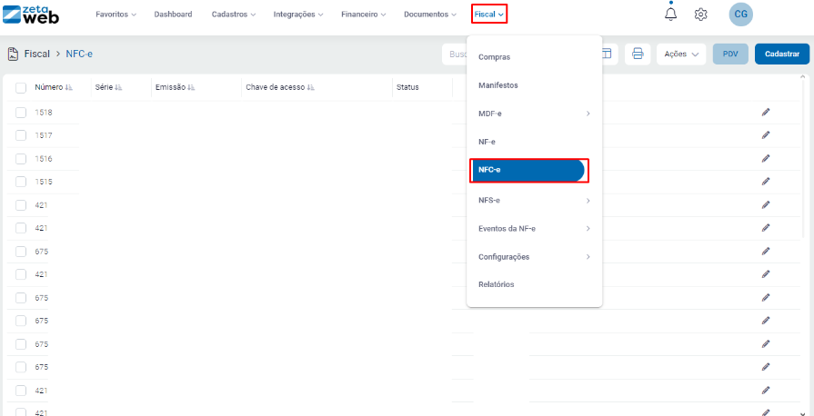 Acesso ao menu Fiscal - NFC-e para cancelamento Menu Fiscal - NFC-e para cancelar