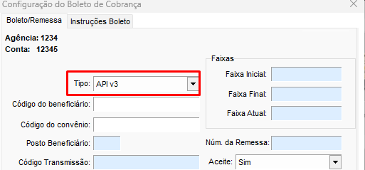 Seleção da opção API V3 no campo Tipo do boleto Selecionar API V3 no Tipo
