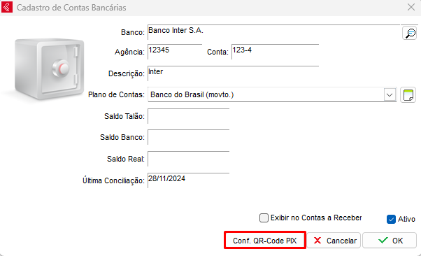 Opção Conf. QR Code PIX no cadastro do Banco Inter Configurar QR Code PIX