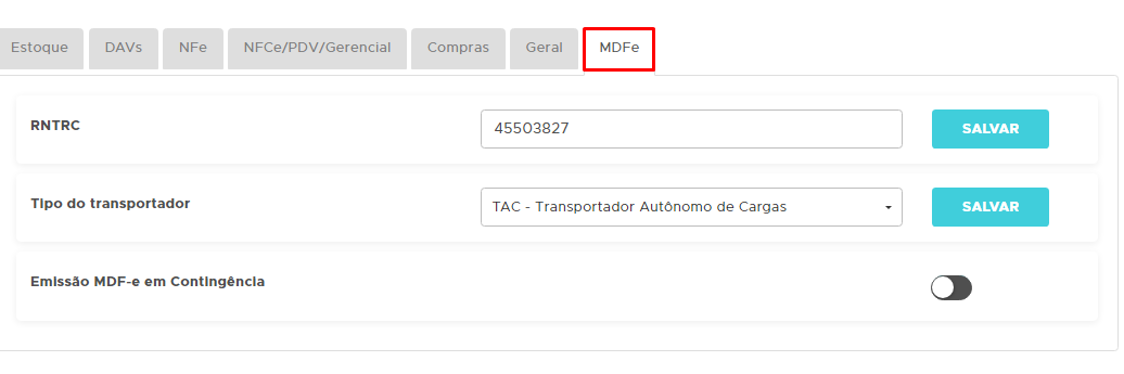 Aba MDF-e das Configurações gerais Aba MDF-e das Configurações gerais