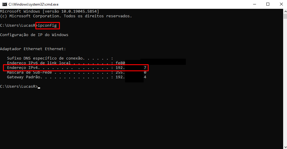 Resultado do comando Ipconfig destacando o endereço IPv4 Endereço IPv4 no Ipconfig
