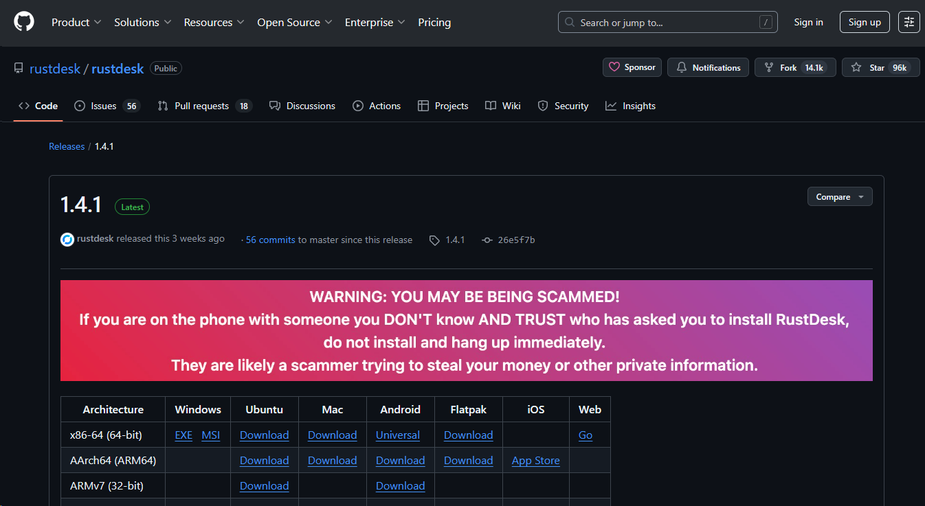 Pagina de releases do RustDesk no GitHub Releases do RustDesk no GitHub