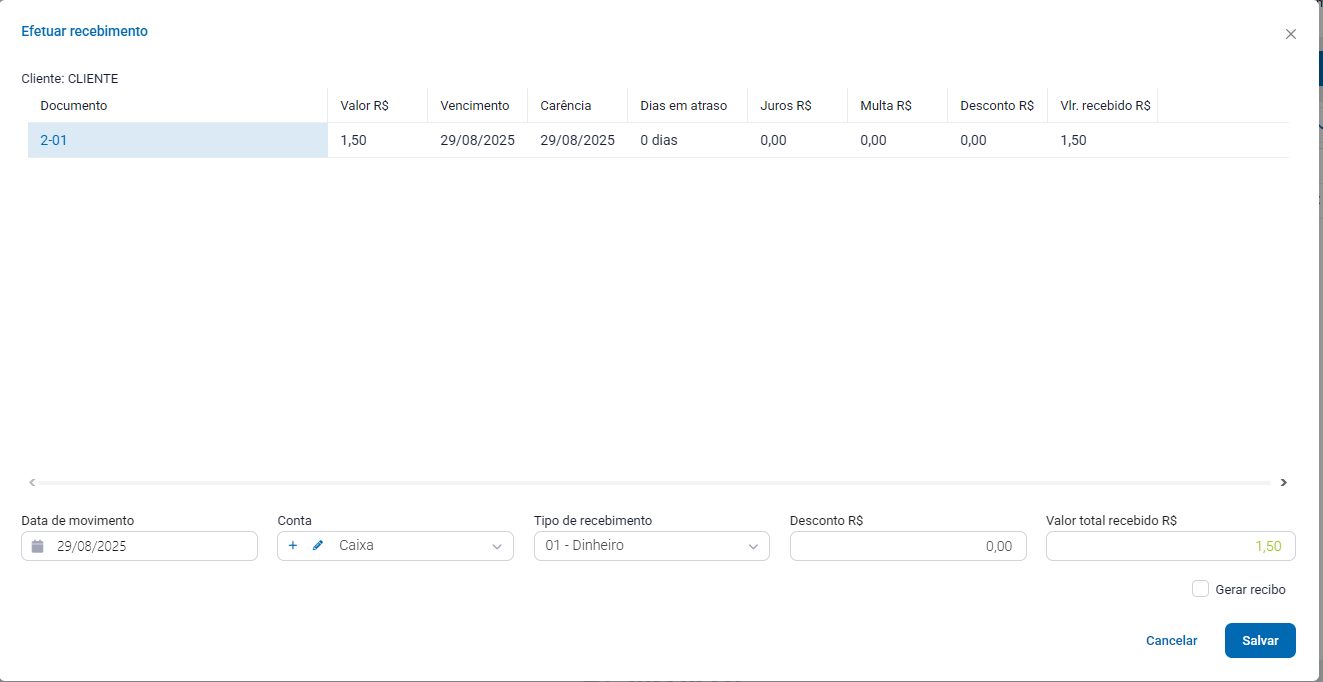 Tela de recebimento com juros, multa e desconto Tela de recebimento de conta