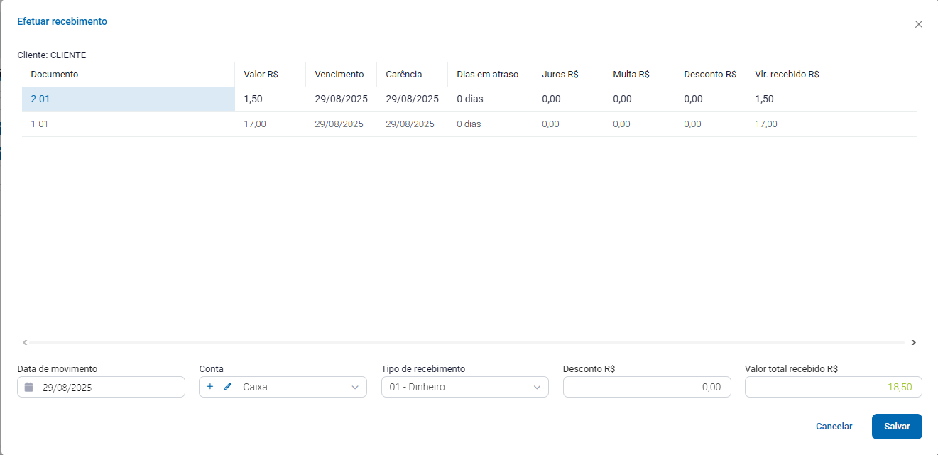 Ajuste de valores no recebimento simultâneo de contas Recebimento simultâneo de contas
