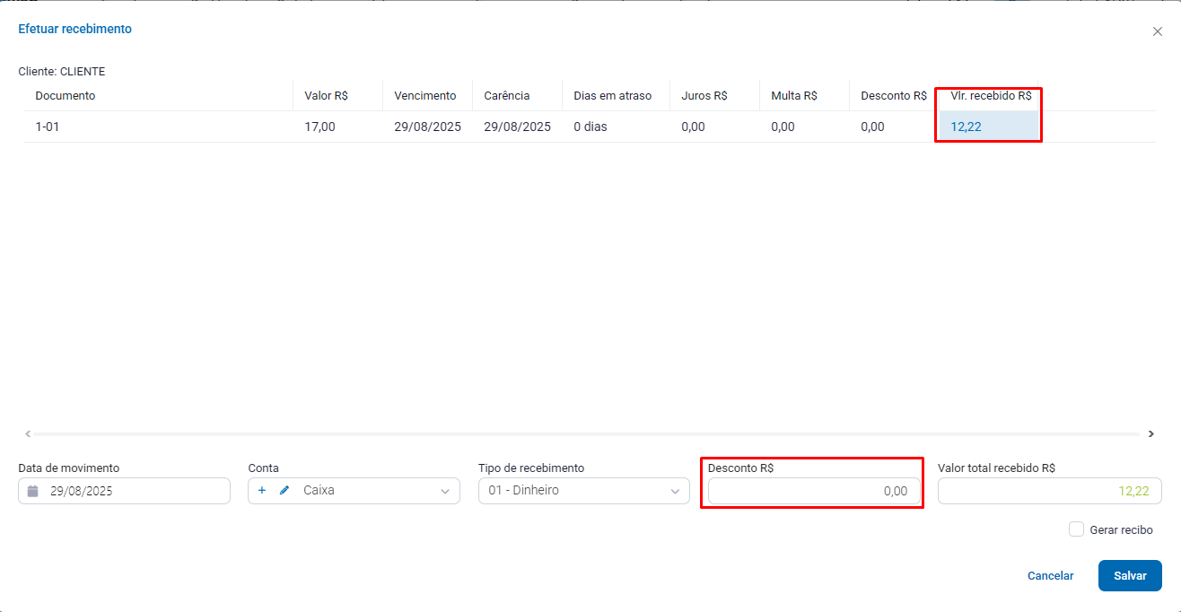 Efetuar recebimento parcial de uma conta Recebimento parcial de conta