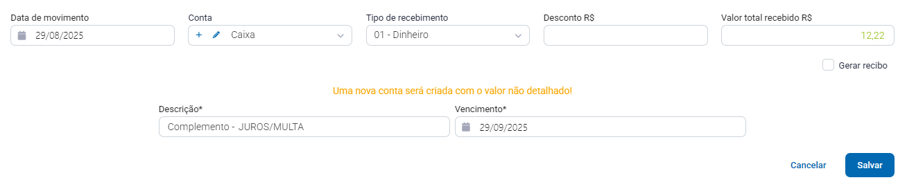 Campo Vlr. recebido preenchido e Desconto em branco Preenchimento do valor recebido parcial