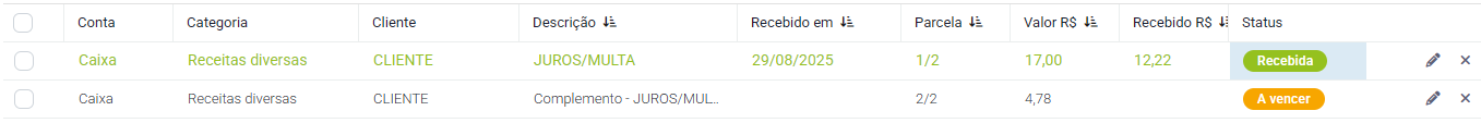 Conta complemento criada com o valor restante Conta complemento do recebimento parcial